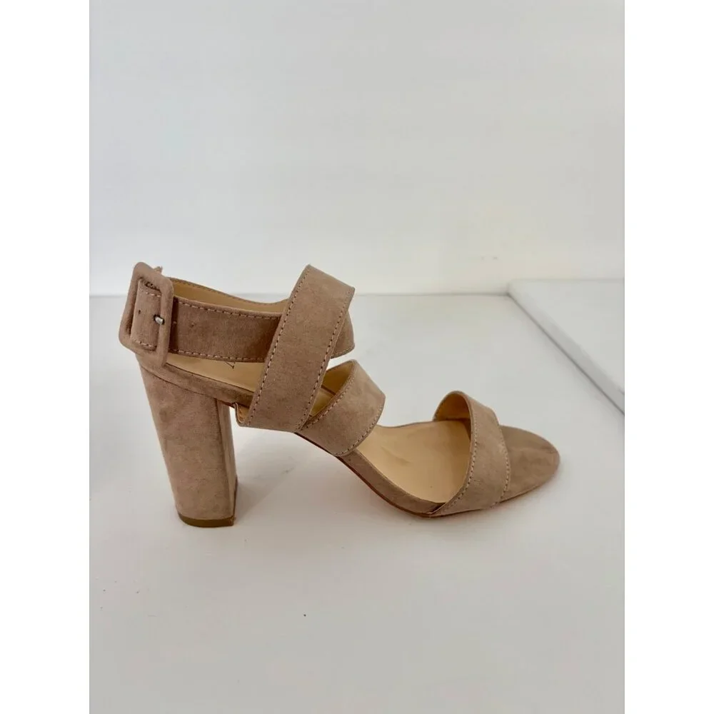 Taupe Faux Suede Sandals 10 Strappy Block Heel Ankle Wrap Quiet Luxury Boho Glam - Picture 13 of 14